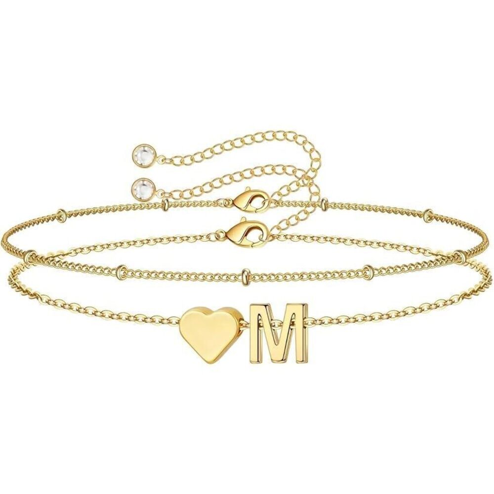 Bracelets For Women - 14K-Gold-Plated Heart Initial Letter M Bracelets For Women